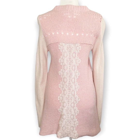 Free People Pinwheel Cardigan Lace Back Long Pink Wool Button Sweater Medium - Picture 6 of 11